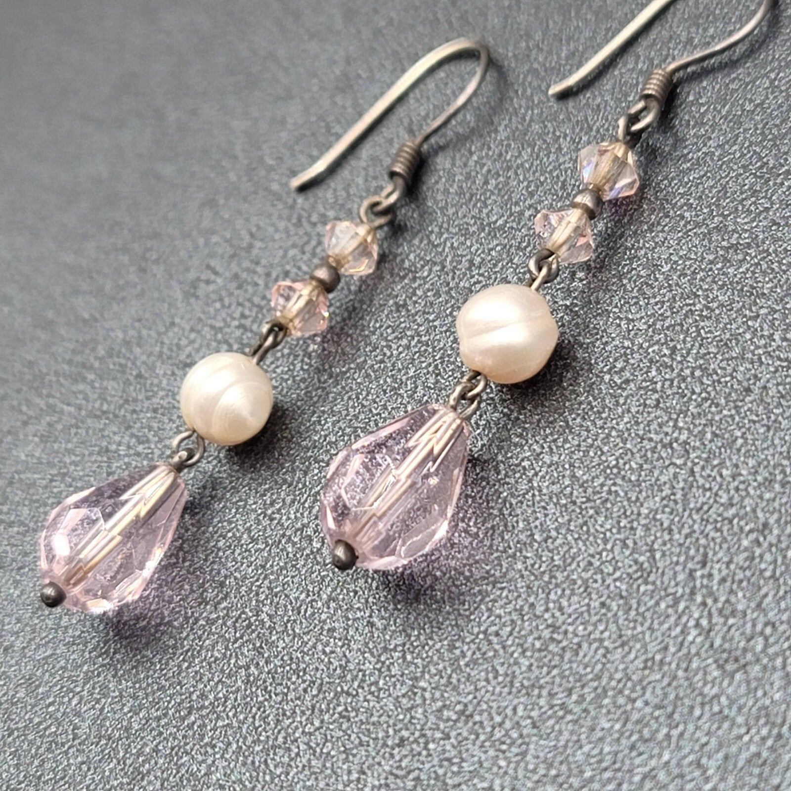 Pierced Earrings Silver tone Pink Crystal Teardrop Bead Pearl Bead 1 3/8"