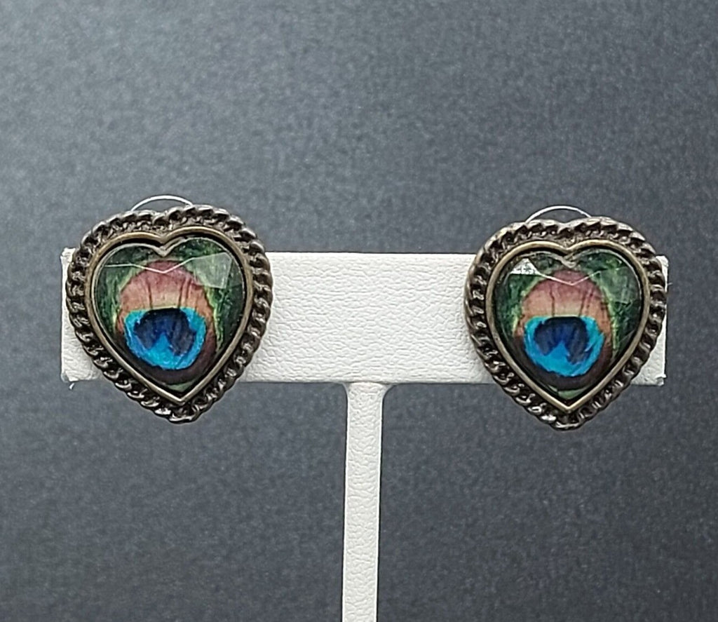 Pierced Earrings Acrylic Peacock Design Heart Studs 7/8"