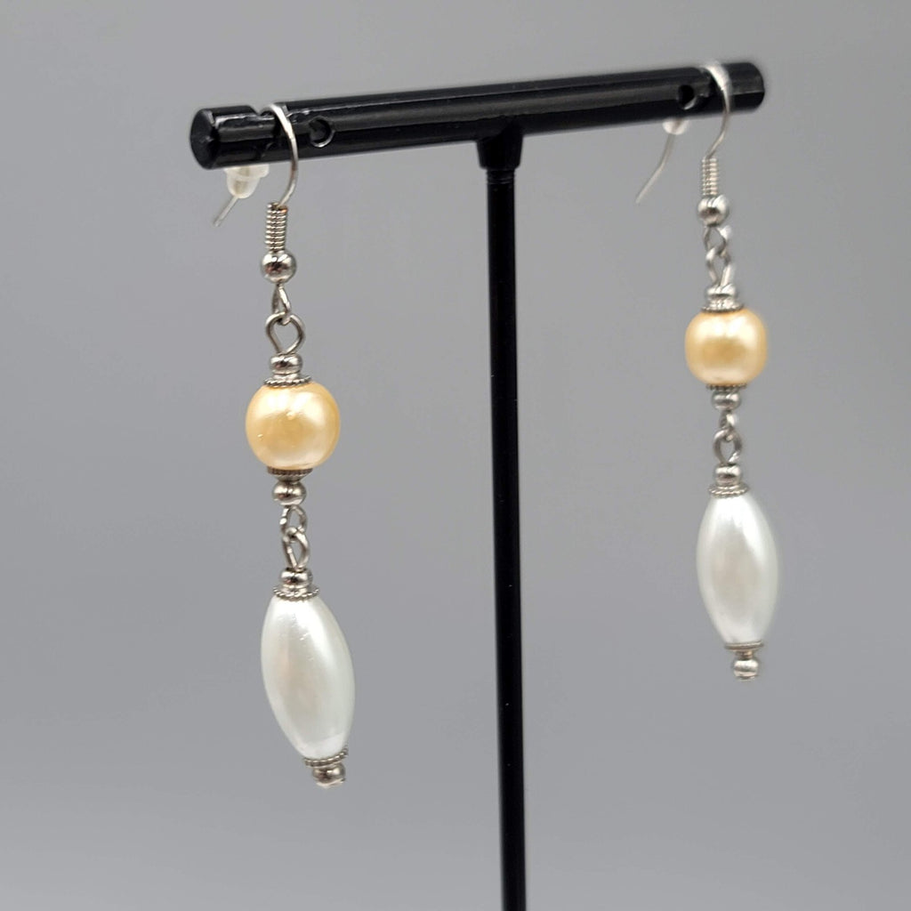 Pierced Earrings Silver tone Champagne White Bead Dangle 1.75"