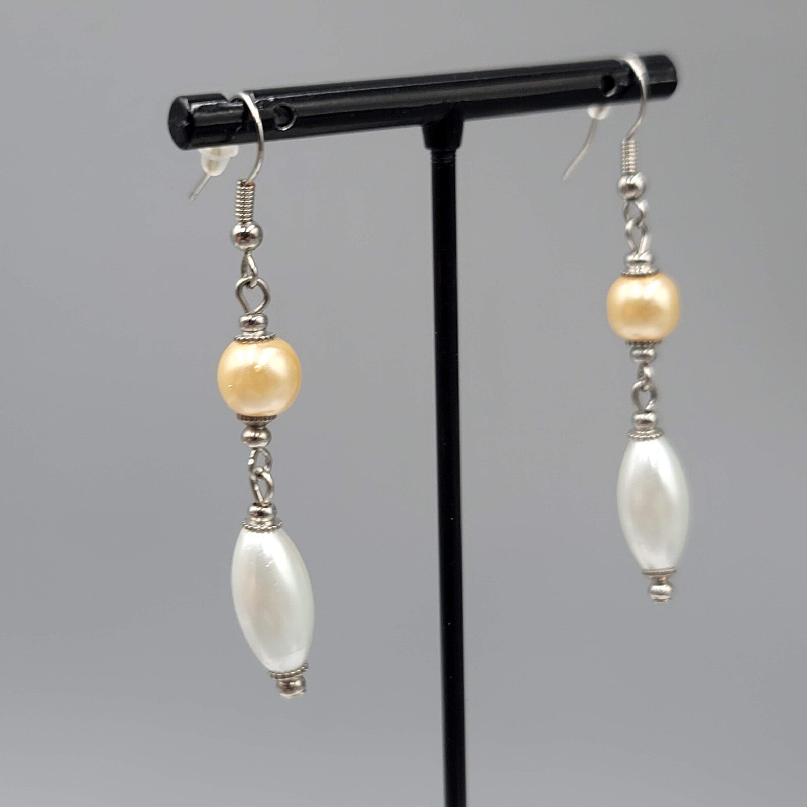 Pierced Earrings Silver tone Champagne White Bead Dangle 1.75"
