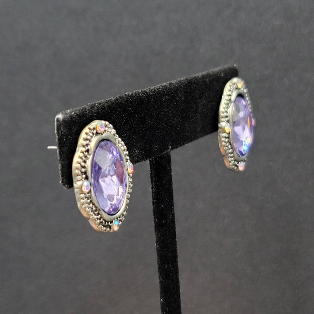 Pierced Earrings Silver tone Glass Faceted Oval Rhinestone 7/8"