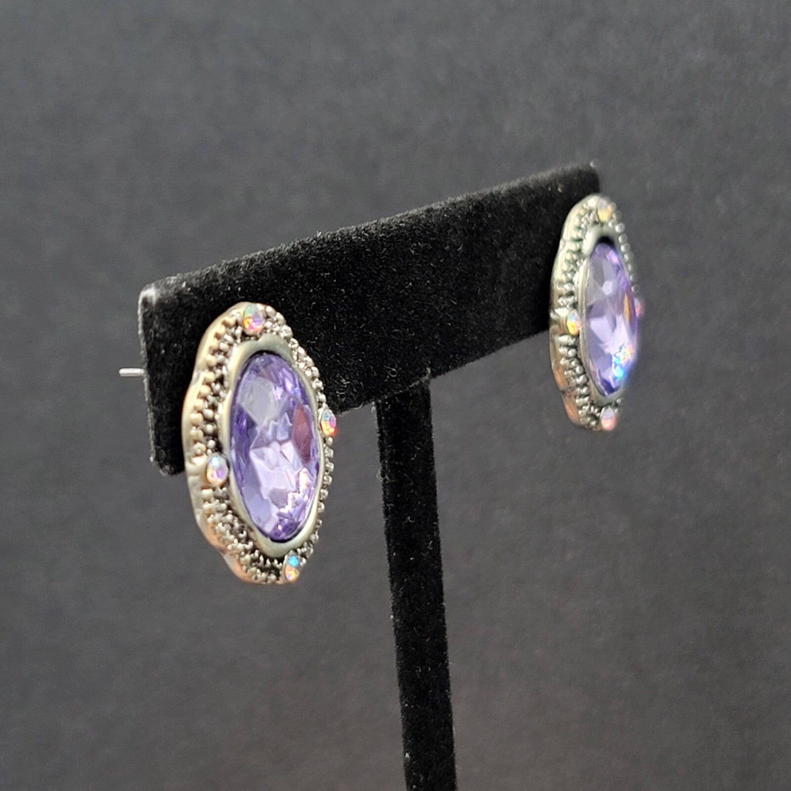 Pierced Earrings Silver tone Glass Faceted Oval Rhinestone 7/8"