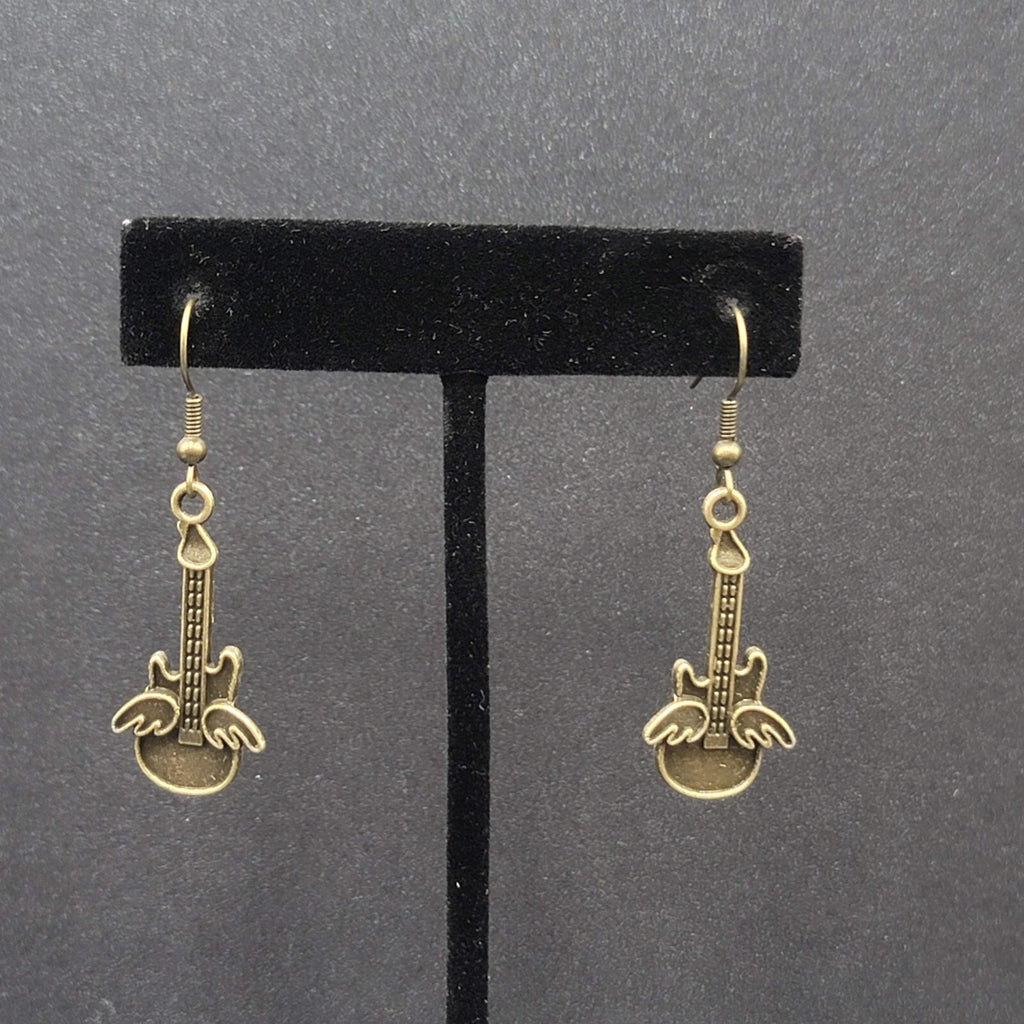 Pierced Earrings Bronze tone Embossed Winged Guitar Dangle 1.25"