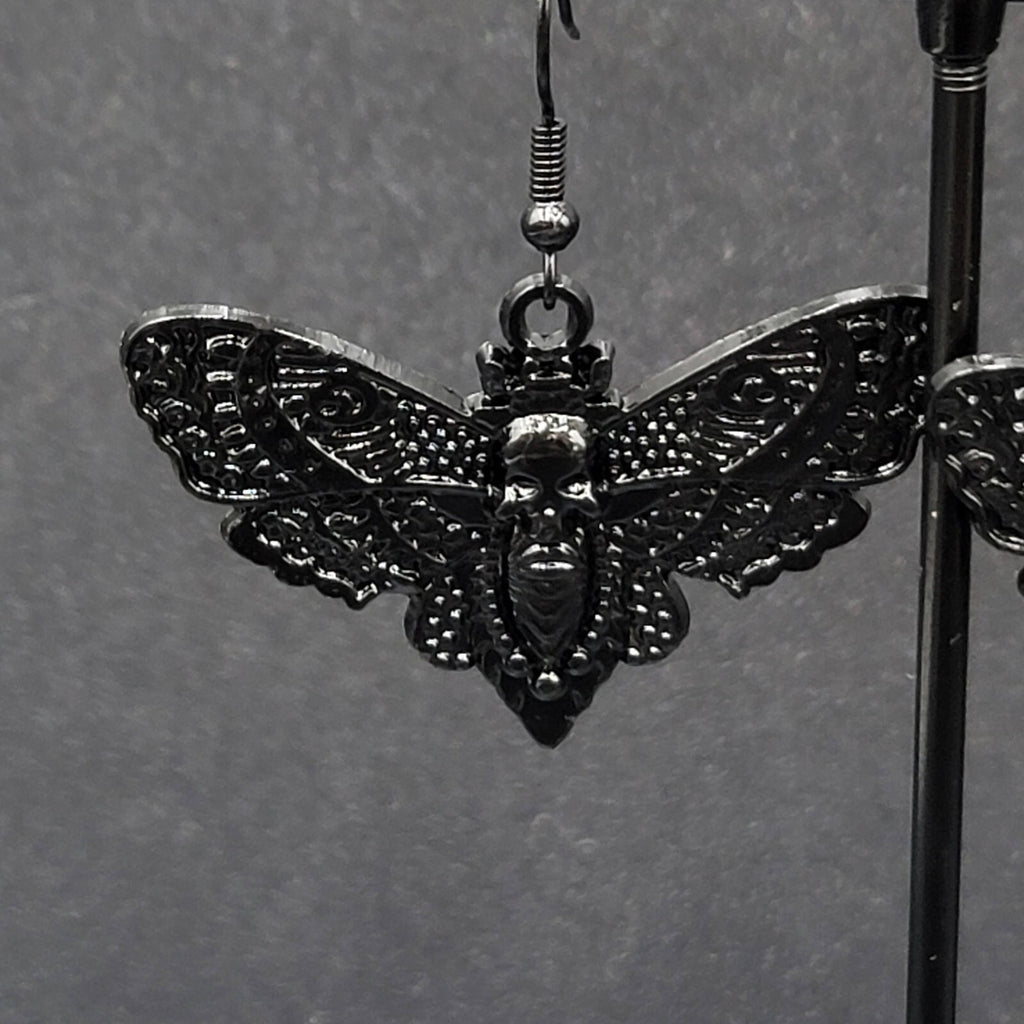 Death Head Moth Pierced Earrings Black Enamel Dangle 1" x 1 5/8" 