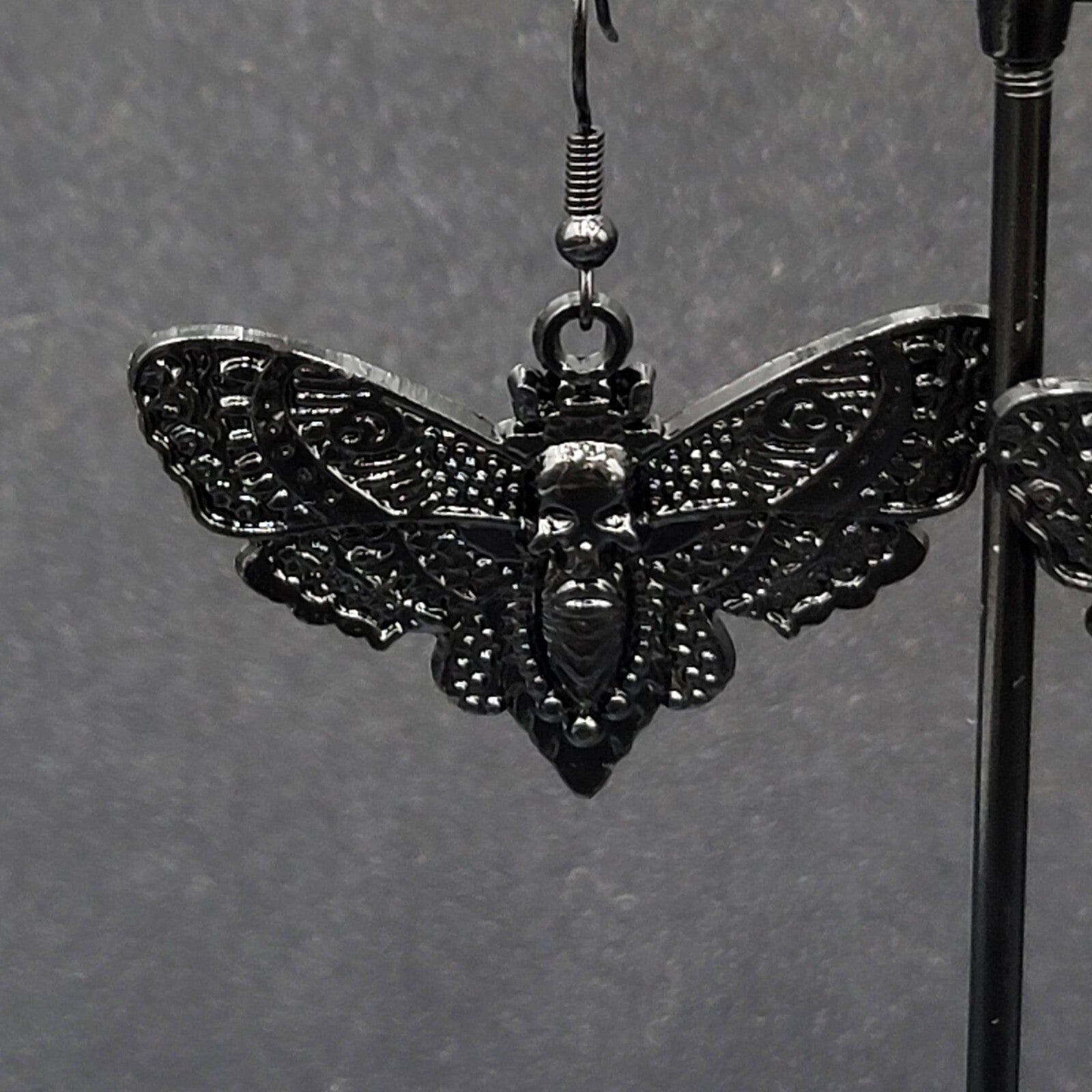 Death Head Moth Pierced Earrings Black Enamel Dangle 1" x 1 5/8" 