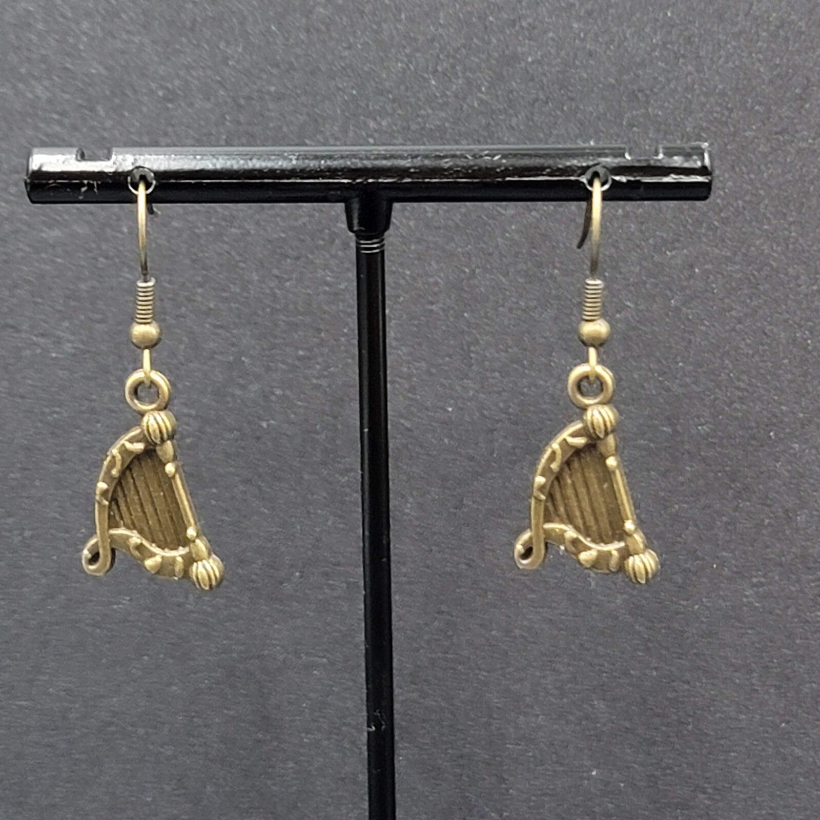 New Harp Pierced Earrings Bronze tone Embossed Dangle 7/8"