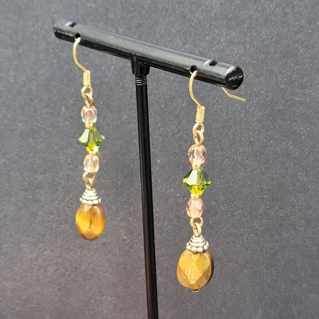 Pierced Earrings Tigers Eye Pink Green Crystal Bead 1.5"