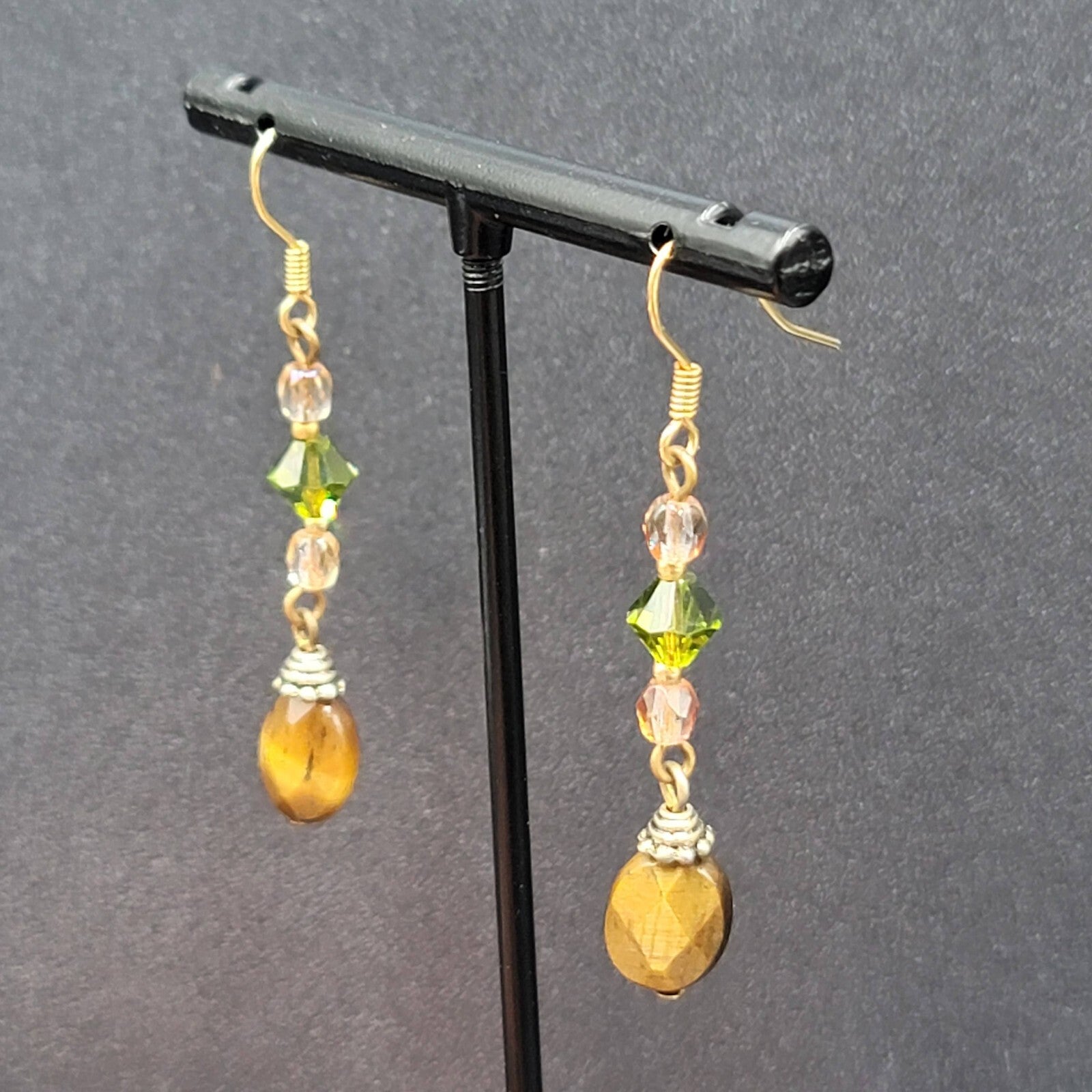 Pierced Earrings Tigers Eye Pink Green Crystal Bead 1.5"
