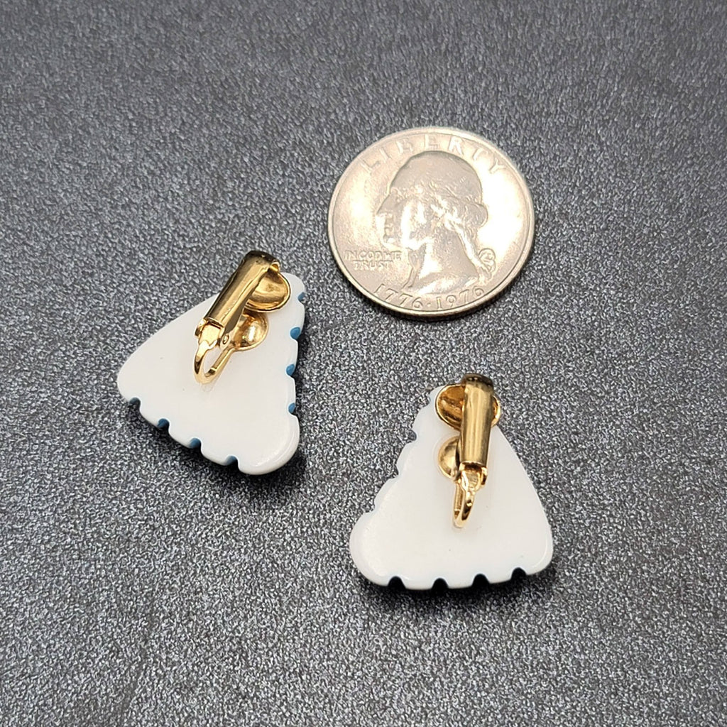 Vintage Clip on Earrings White Blue Stripes Acrylic Triangle 7/8"