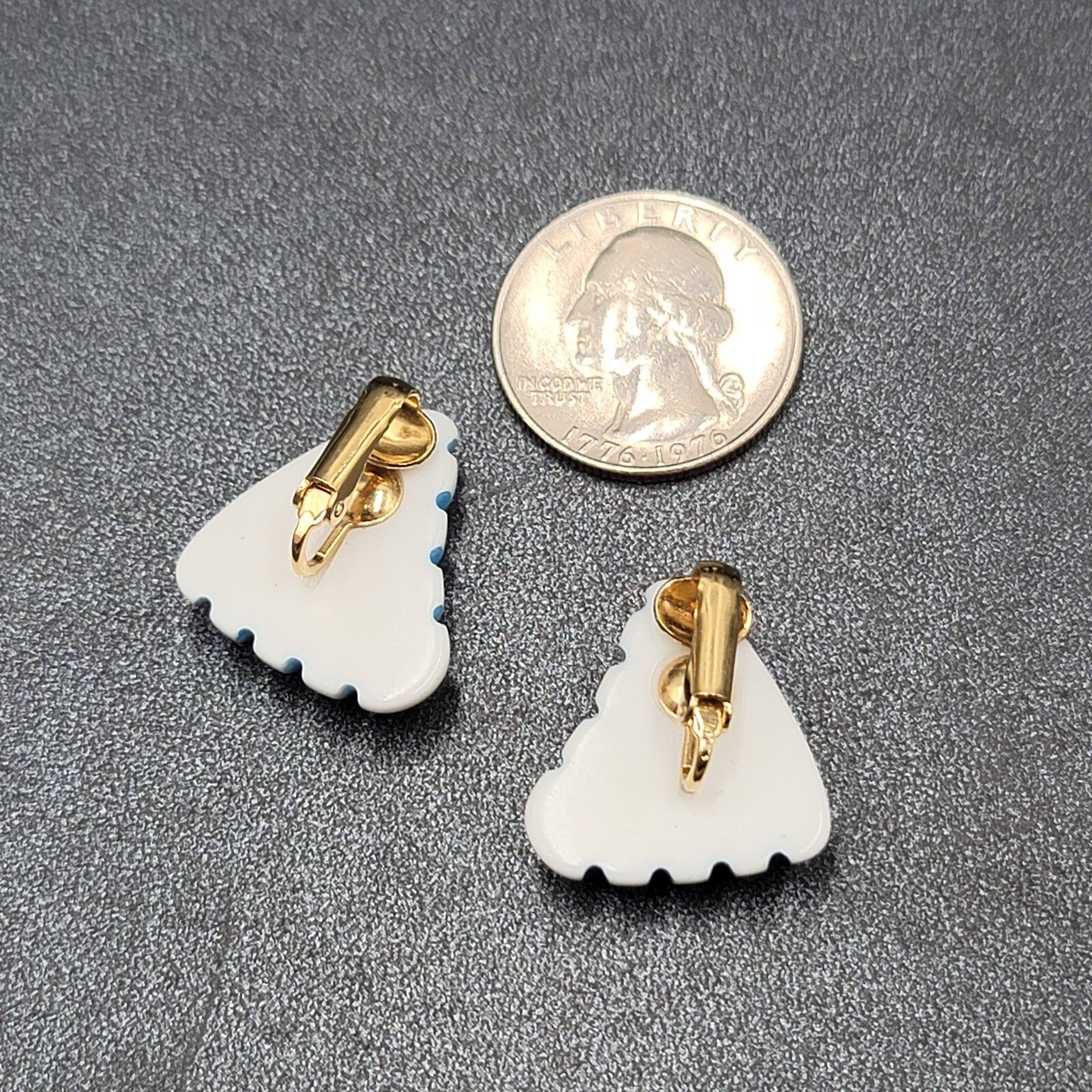 Vintage Clip on Earrings White Blue Stripes Acrylic Triangle 7/8"