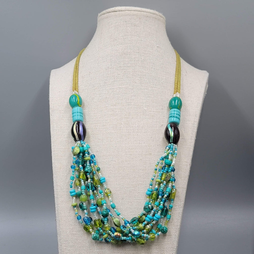 Green Blue Glass Bead Necklace Layered Statement 22"
