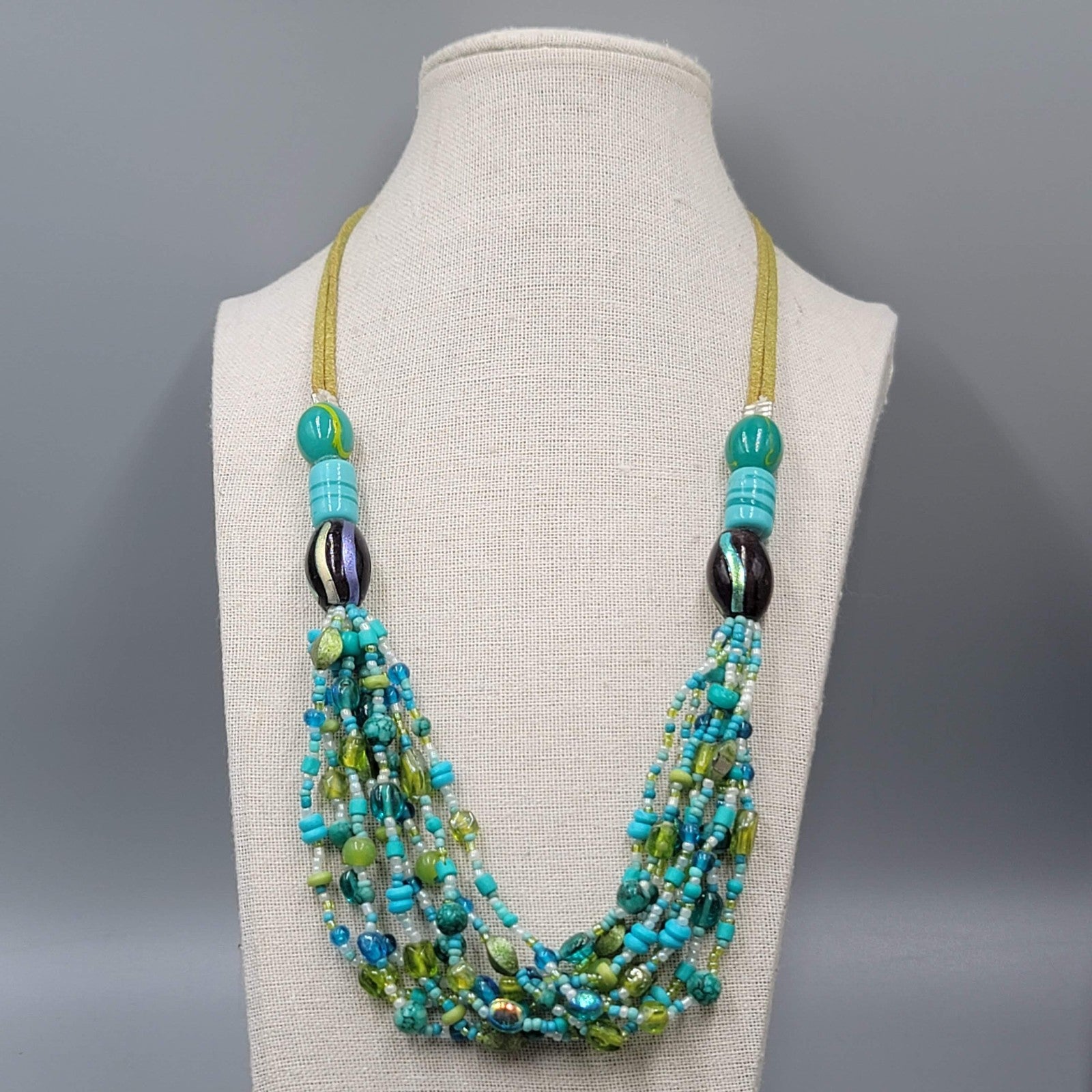 Green Blue Glass Bead Necklace Layered Statement 22"