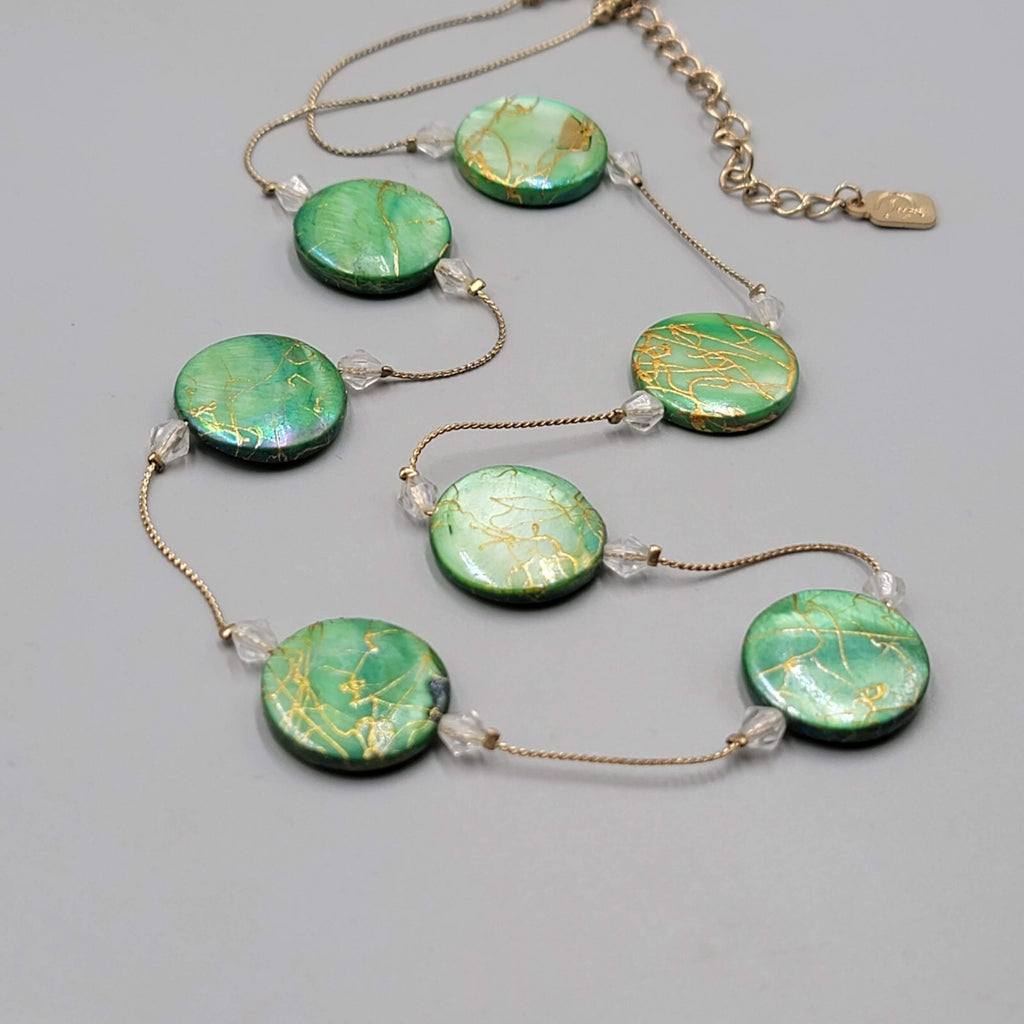 Green Dyed Mother of Pearl Station Bead Necklace 22"+