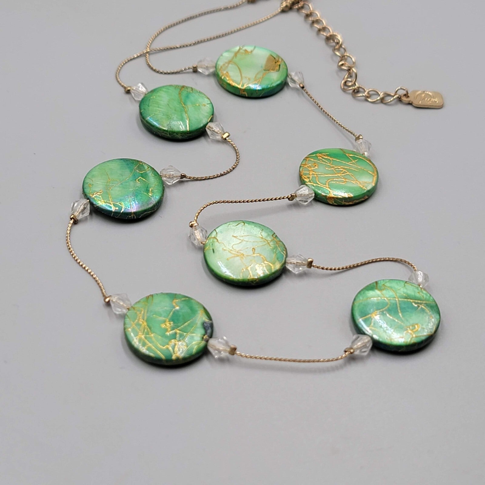 Green Dyed Mother of Pearl Station Bead Necklace 22"+