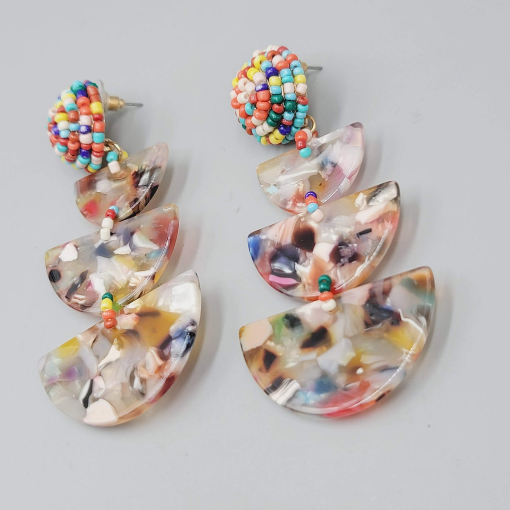 Statement Beaded Dangle Pierced Earrings Acrylic Resin Confetti Boho 3"