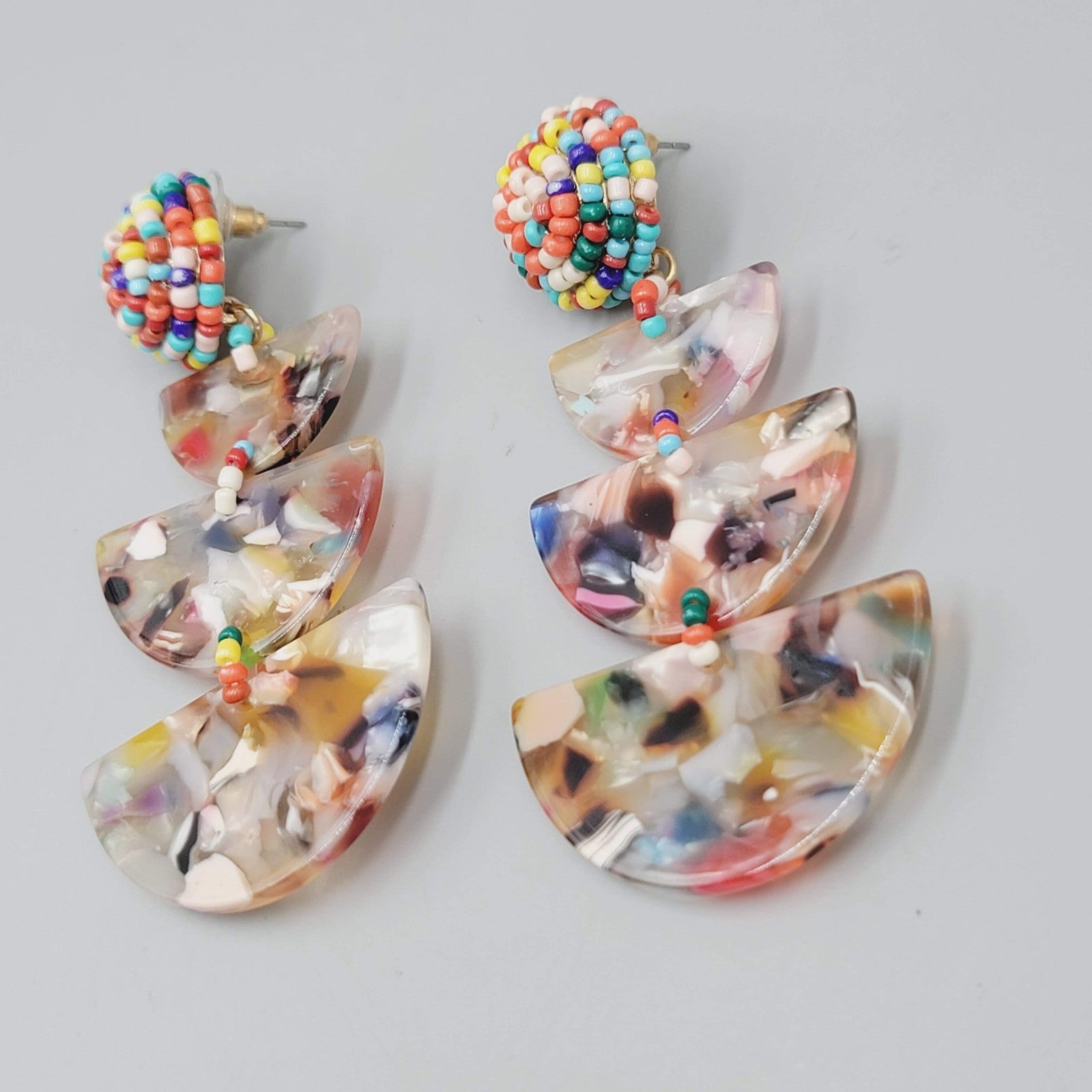 Statement Beaded Dangle Pierced Earrings Acrylic Resin Confetti Boho 3"