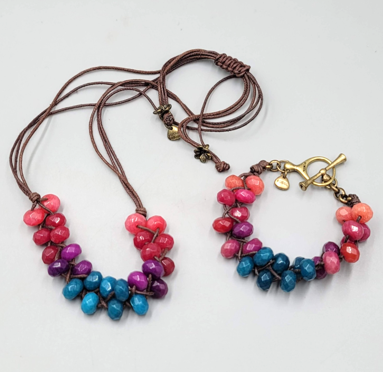 Fossil Necklace and Bracelet Set Multicolor Stones Brown Adjustable Cord
