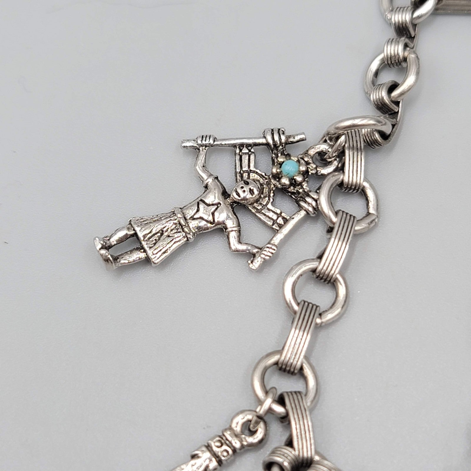 Vintage Southwestern Silver tone Charm Bracelet Blue Accent 7.25"