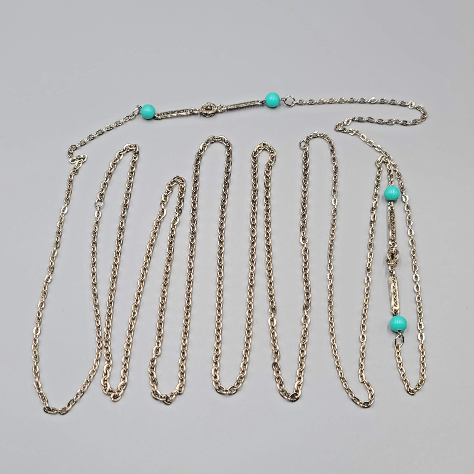 Extra Long 88 in Chain Necklace Station Blue Beads Layered