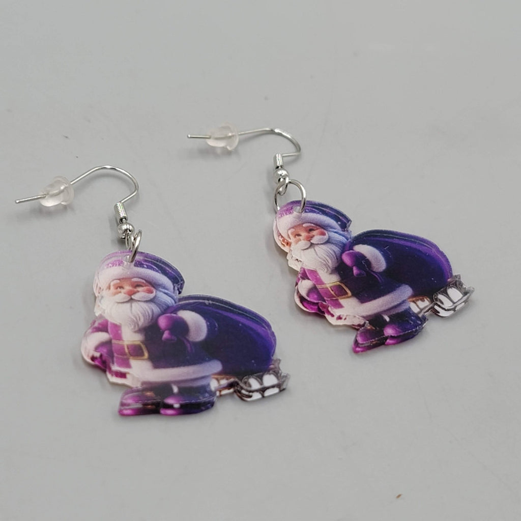 Christmas Santa Purple Bag Pierced Earrings Silver tone Dangle 1.25 in