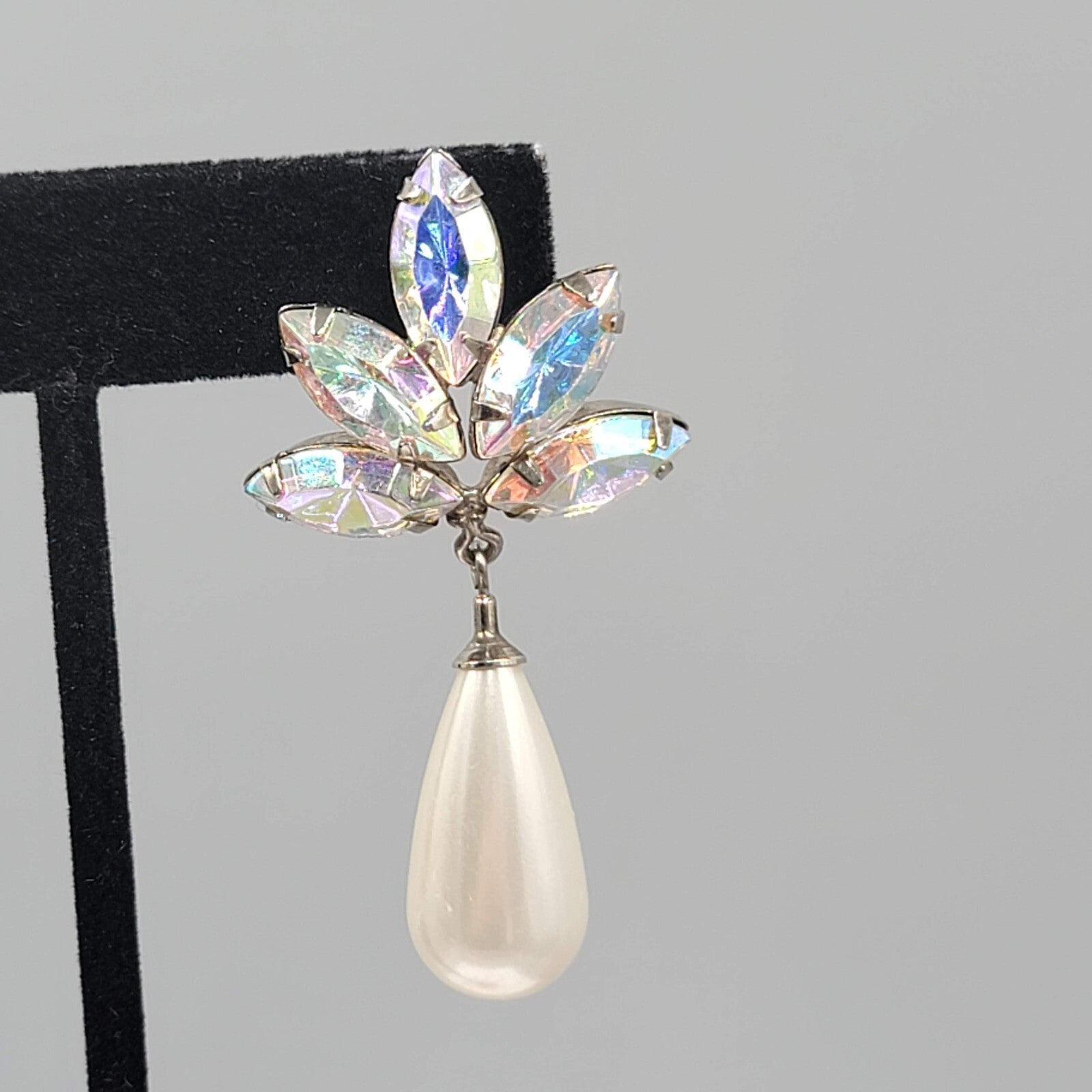 Vintage Statement Pierced Earrings Large AB Rhinestone Faux Pearl Teardrop 2.25"