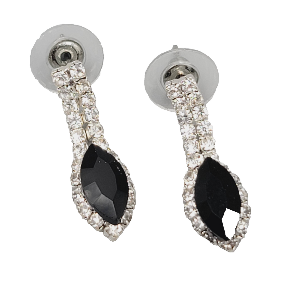 Black Clear Rhinestone Pierced Earrings Silver tone Dangle 1"