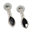 Black Clear Rhinestone Pierced Earrings Silver tone Dangle 1"