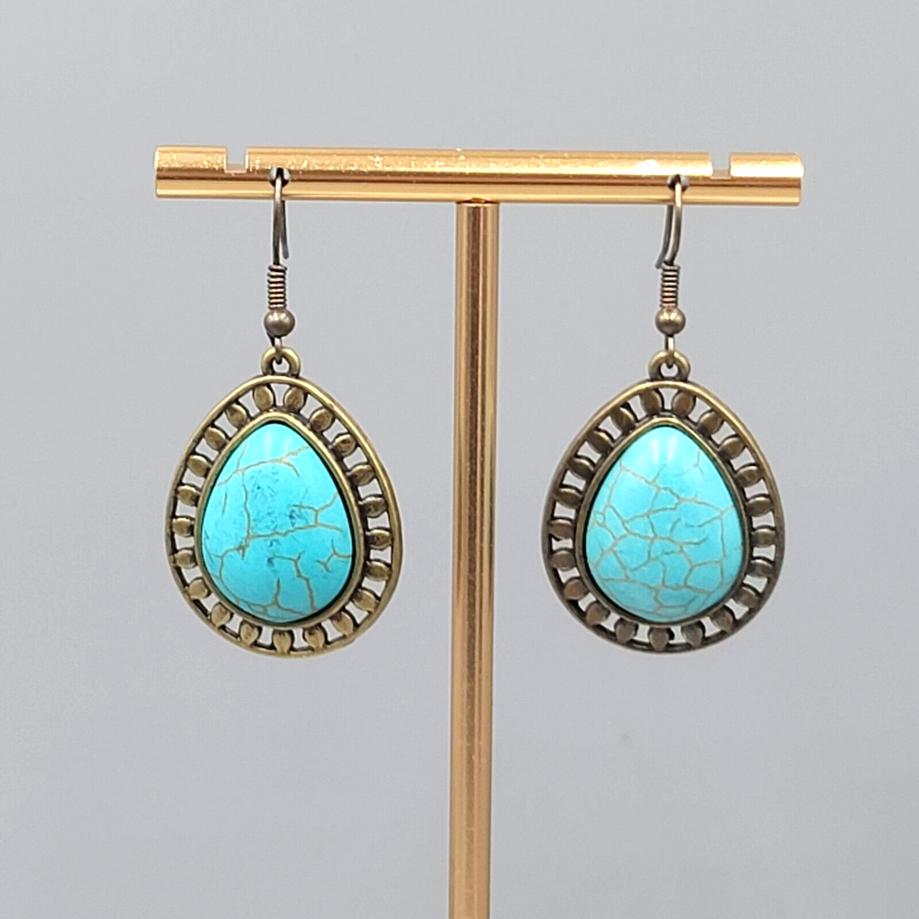 Teardrop Pierced Earrings Bronze tone Blue Howlite Dangle 1 1/8"