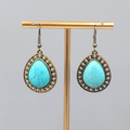 Teardrop Pierced Earrings Bronze tone Blue Howlite Dangle 1 1/8"