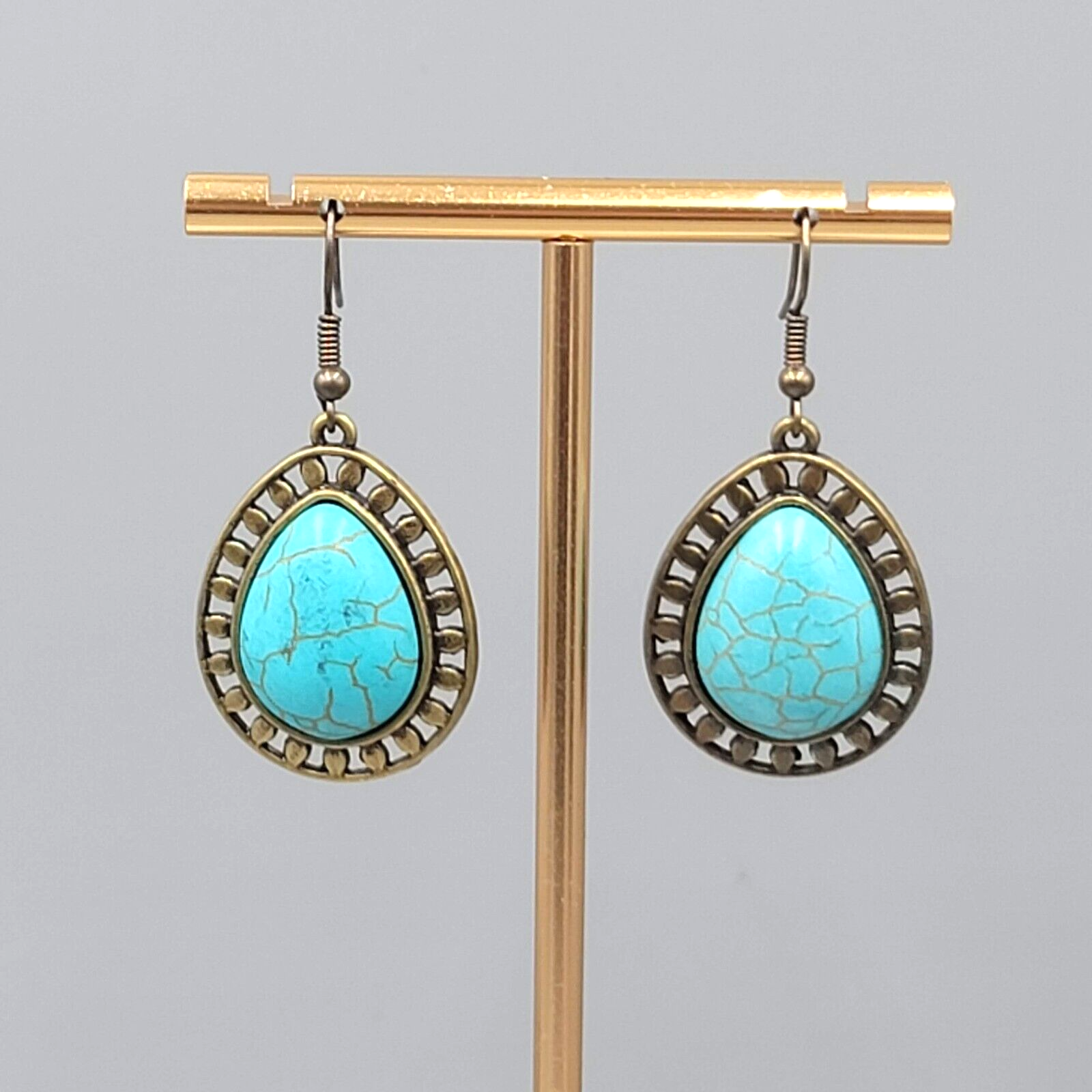 Teardrop Pierced Earrings Bronze tone Blue Howlite Dangle 1 1/8"