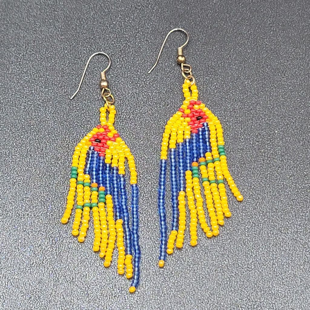 Vintage Pierced Earrings Yellow Seed Bead Parrot Bird Dangle 2.75"