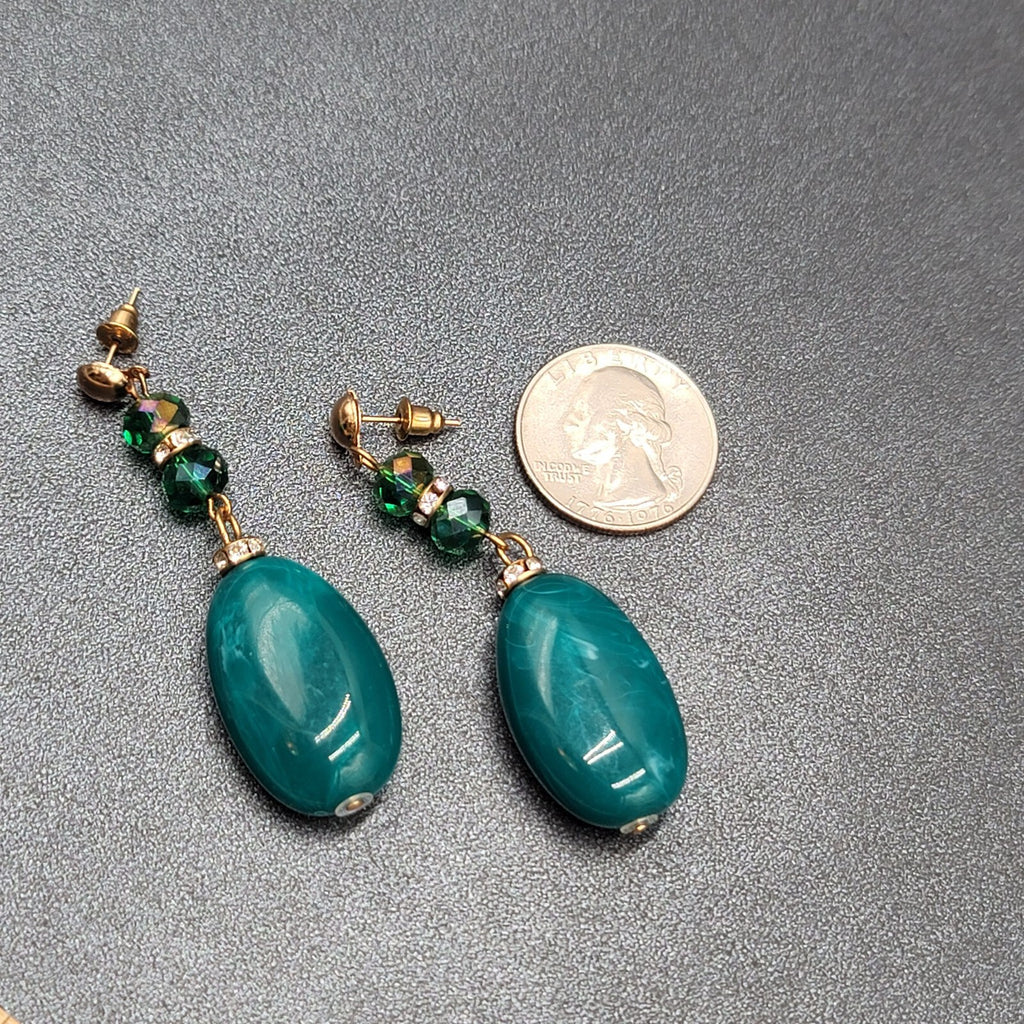 Vintage Pierced Earrings Green Acrylic Bead Dangle Rhinestones 2.5"