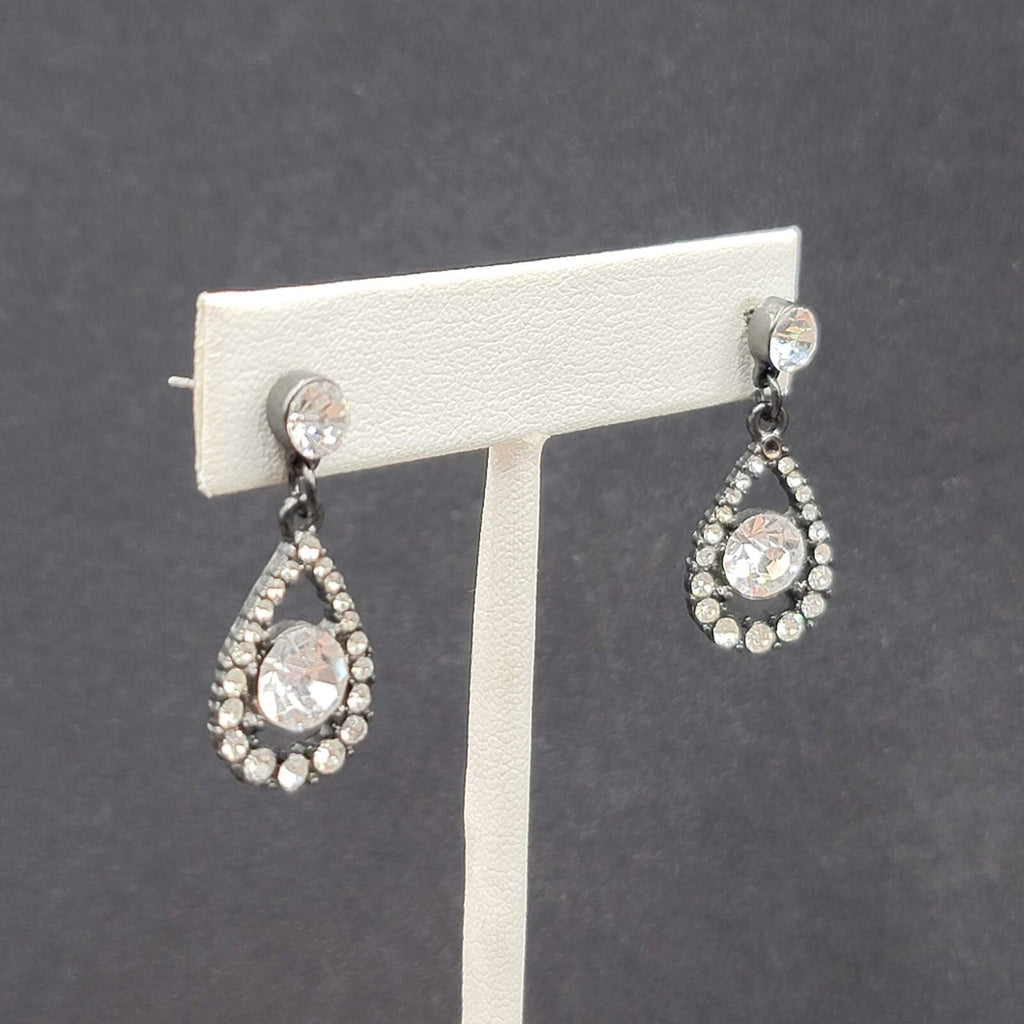 Pierced Earrings Black Metal Clear Rhinestone Teardrop Dangle 1.25"