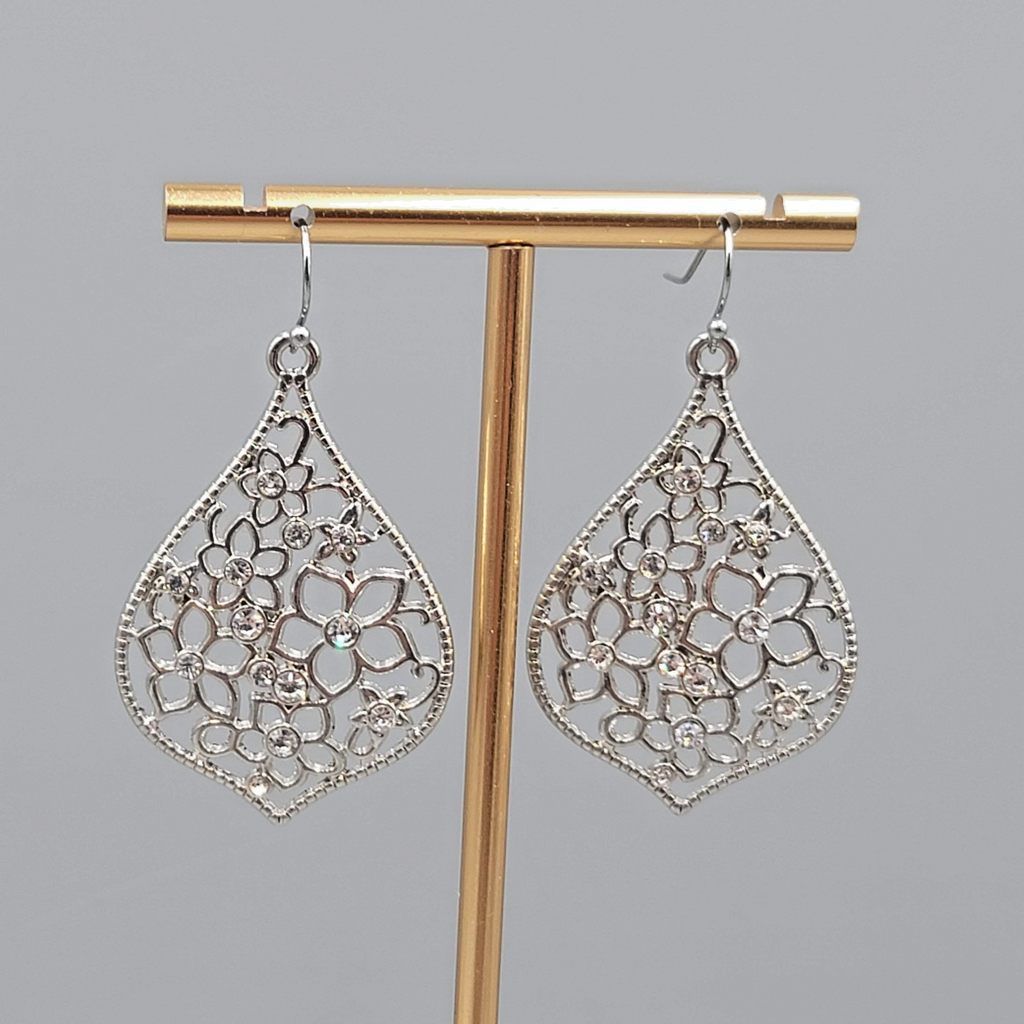 Crystal Flower Open Work Pierced Earrings Silver tone Dangle  1.75 in