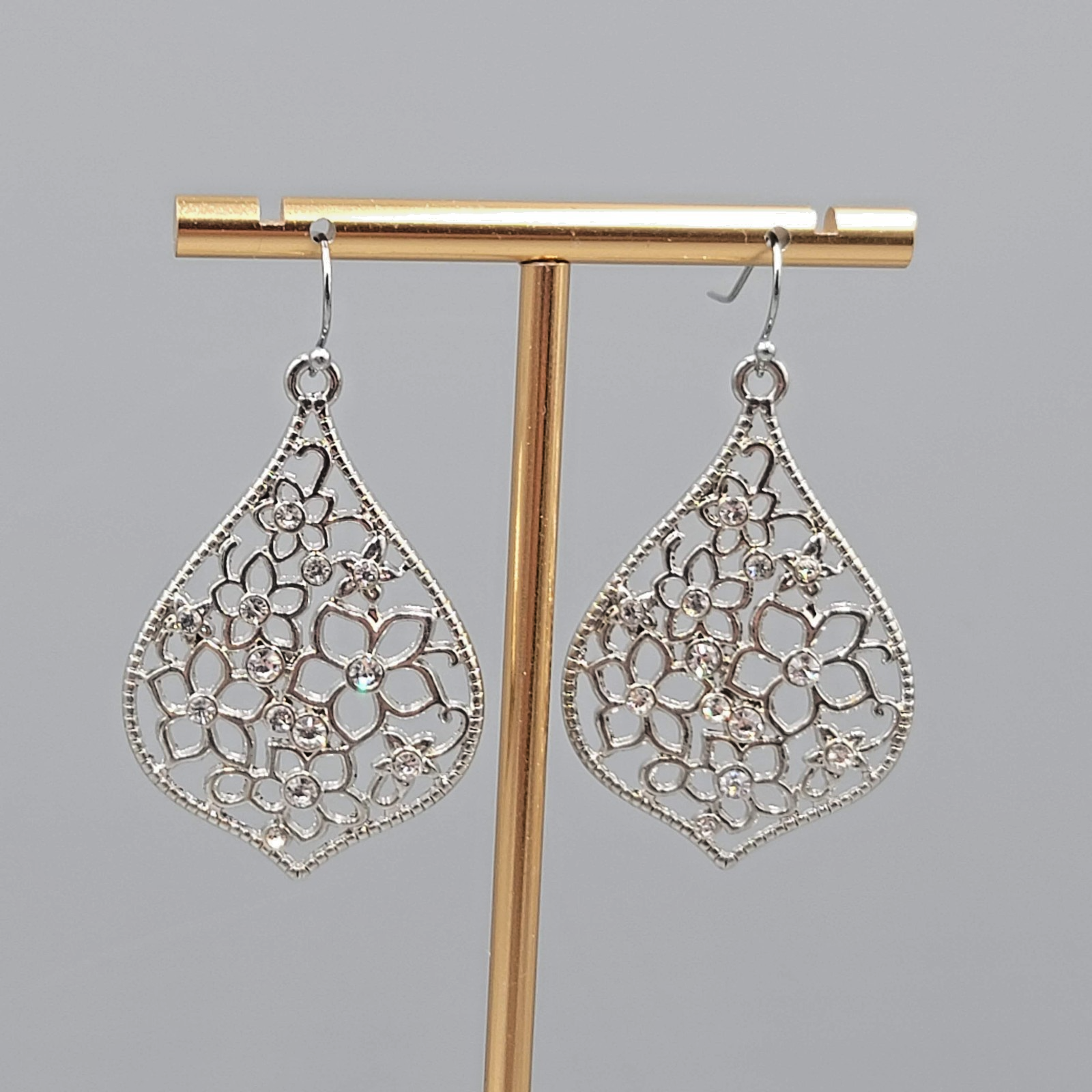 Crystal Flower Open Work Pierced Earrings Silver tone Dangle  1.75 in
