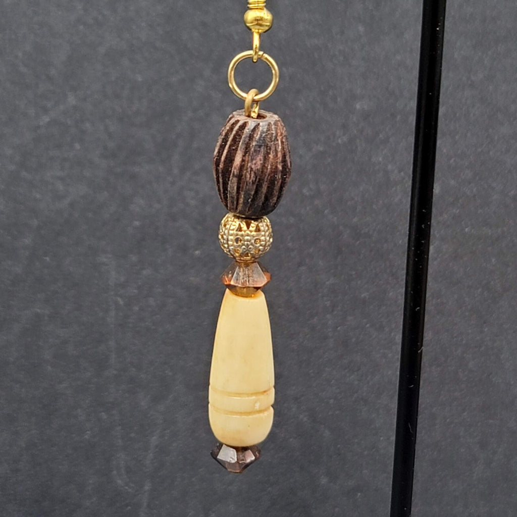 Pierced Earrings Gold tone Wood Hand Carved Beads Dangle 2"
