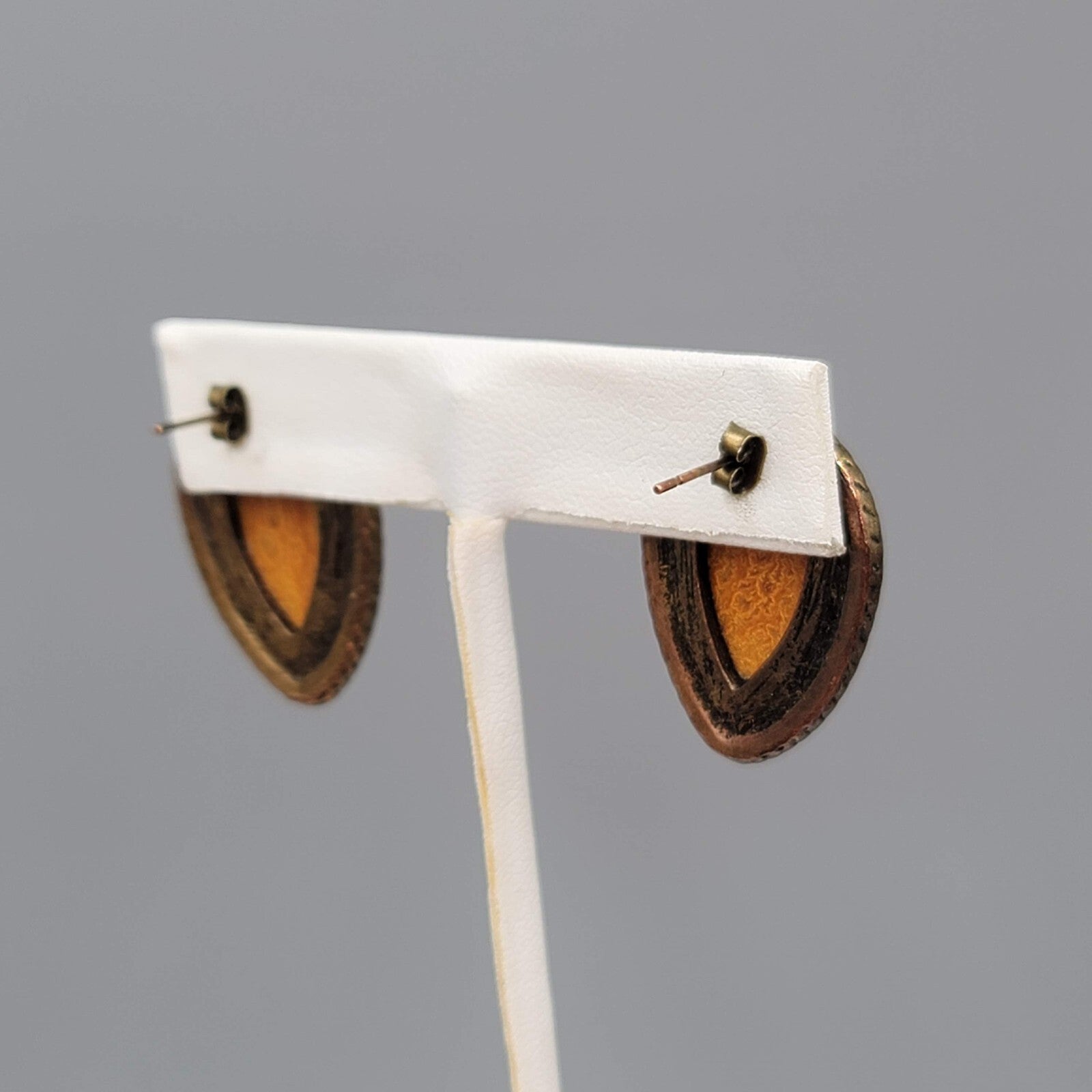 Reverse Teardrop Pierced Earrings Bronze tone Yellow Dome Drop 1"