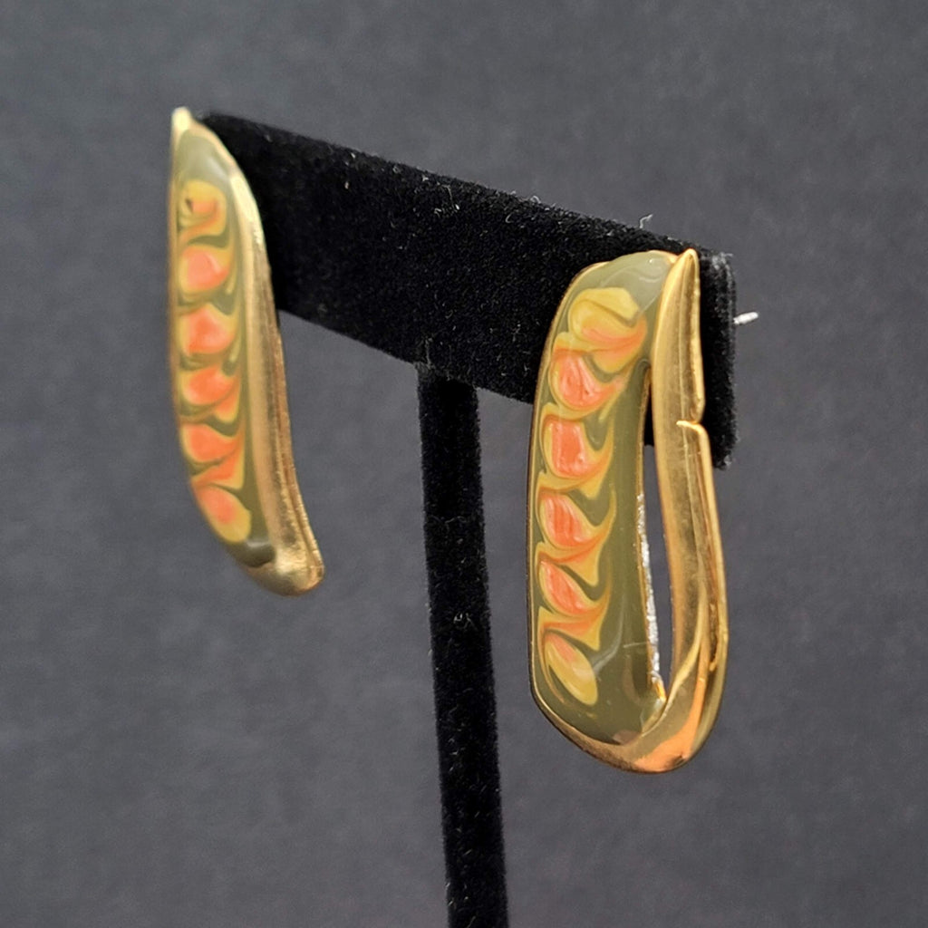 Vintage Pierced Earrings Gold tone Green Pink Enamel Swirl Statement Drop 1.5"