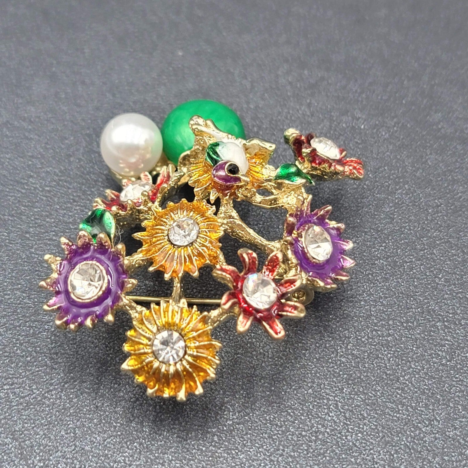 Crystal Rhinestone Flower Bouquet Brooch Pendant Green Enamel Multicolor 2.25"
