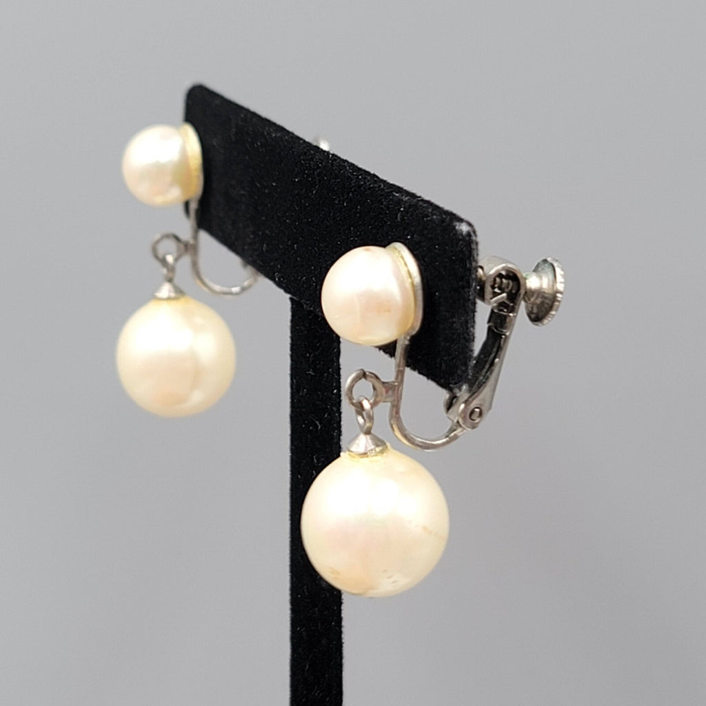 Vintage Clip on Earrings White Bead Dangle Silver tone Screw Back 1"