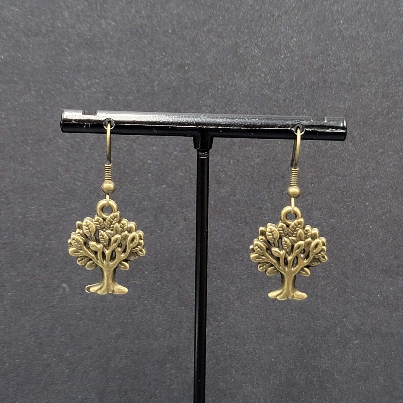 Tree Pierced Earrings Bronze tone Embossed Detail Dangle 7/8"