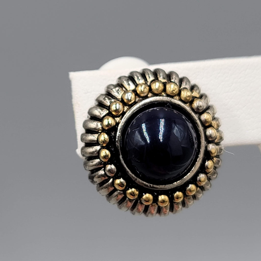 Vintage Navy Blue Cabochon Clip on Earrings Silver & Gold Plated 7/8 in