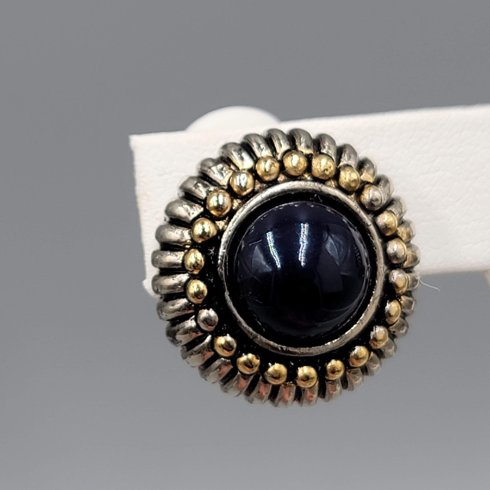 Vintage Navy Blue Cabochon Clip on Earrings Silver & Gold Plated 7/8 in
