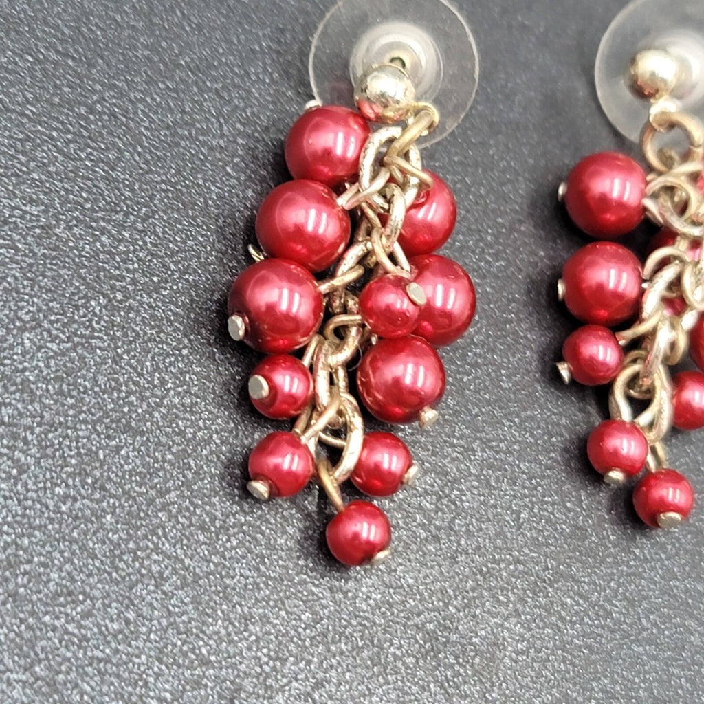 Pierced Earrings Silver tone Cluster Shiny Red Beads Dangle  1 3/8"