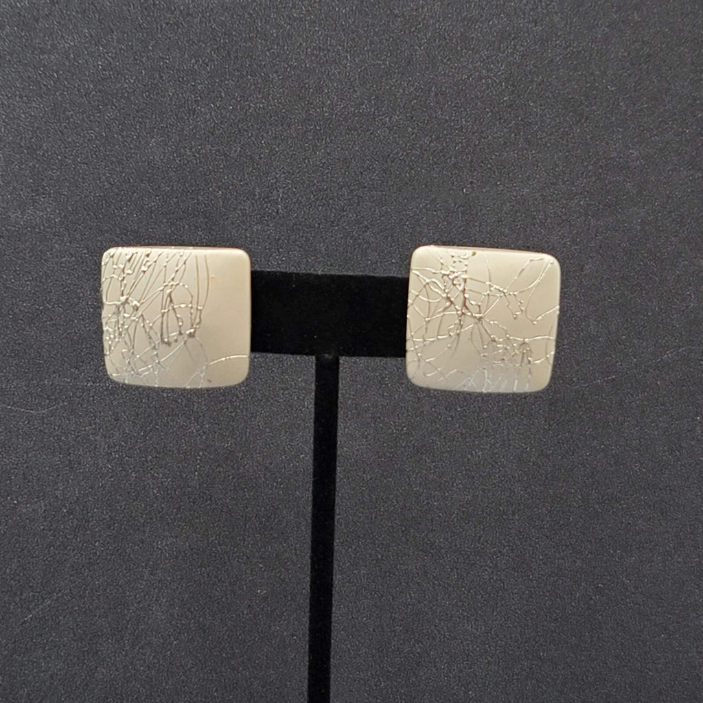 Vintage Pierced Earrings Silver Splatter Square Drop 1"