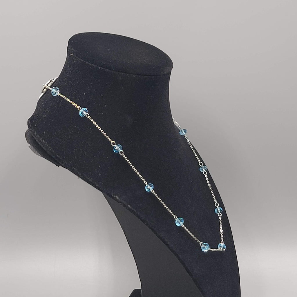 Blue Crystal Station Necklace Dainty Silver Plated 18"