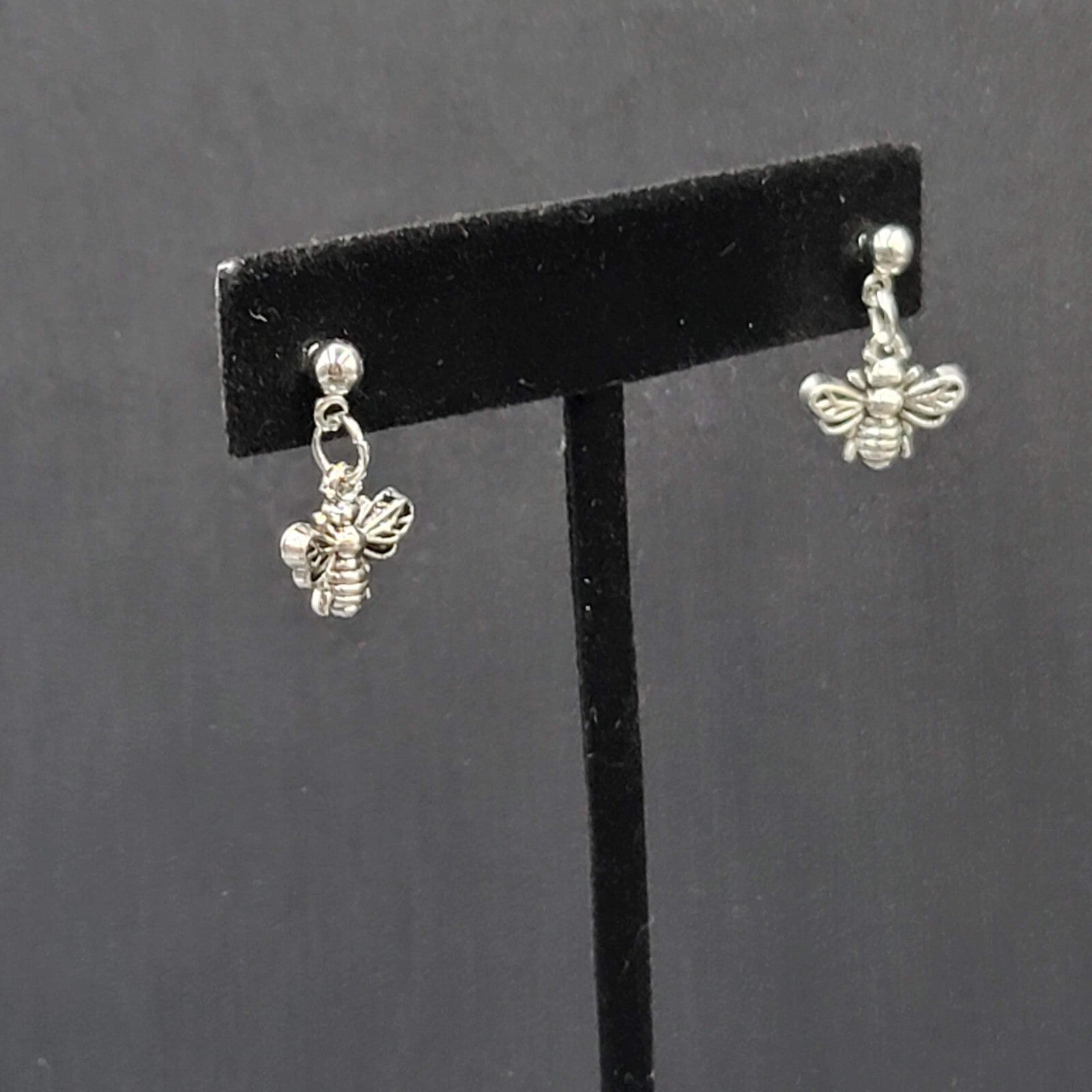 Bee Pierced Earrings Silver tone Small Dangle 1/2"