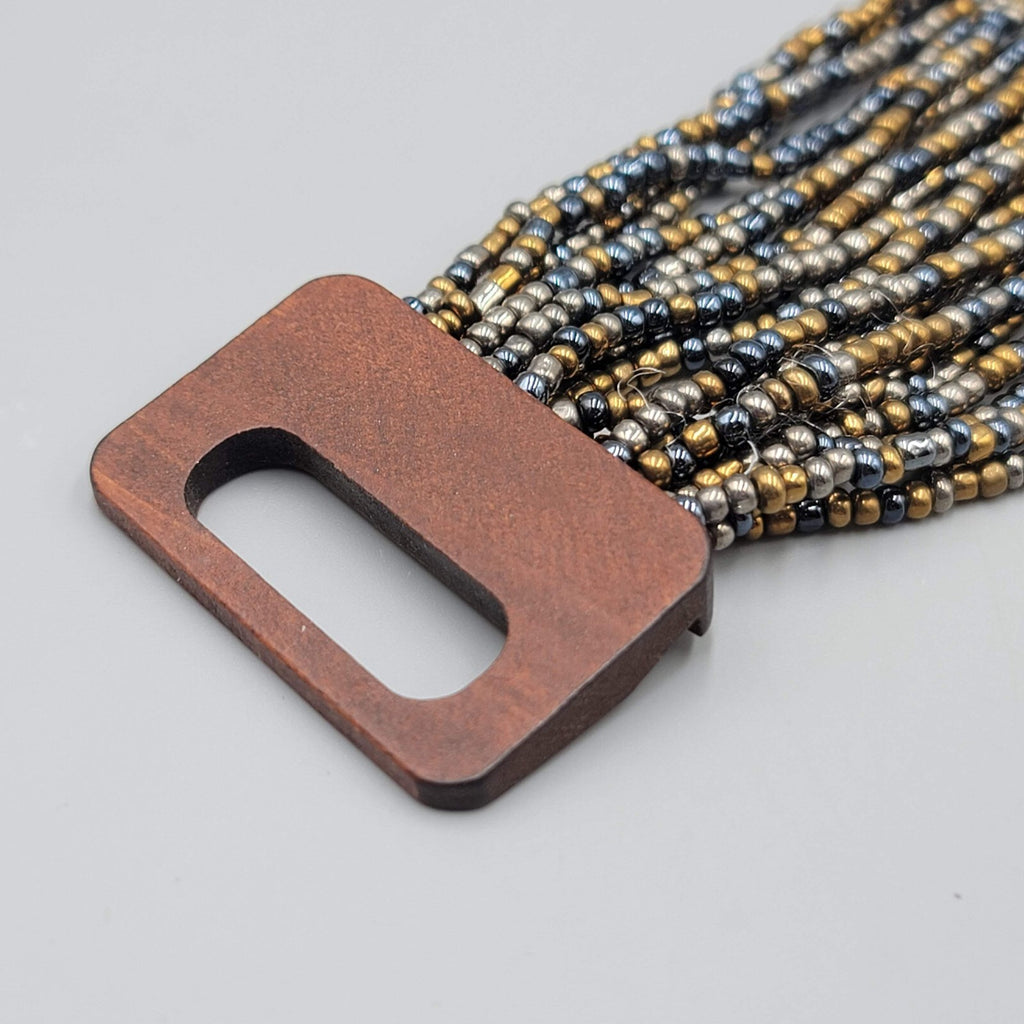 Wood Closure Wide Bracelet Multistrand Seed Bead 7"