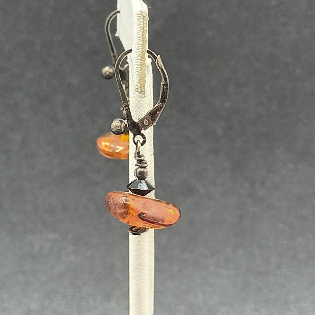 Pierced Earrings Black Metal Amber Beaded Dangle 1/2"