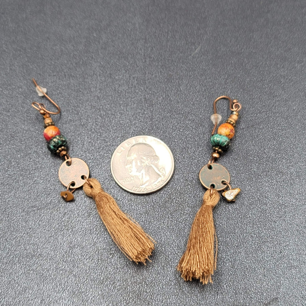 New Boho Pierced Earrings Long Copper tone Brown Tassel Beaded 3"